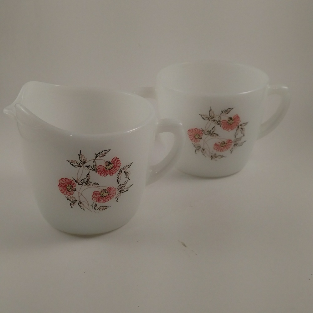 Vintage Pink Flowered Milk Glass Creamer & Sugar
